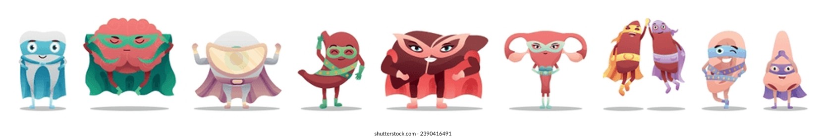 Set of funny human organs and body parts in superhero costumes o