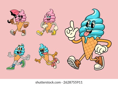 Set of Funny Ice Cream Cartoon Characters in Retro 70s Illustration