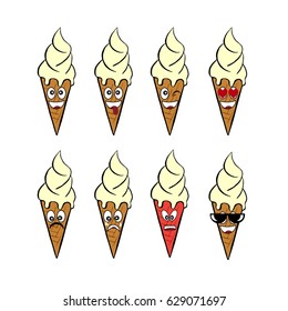 Set of  funny ice cream Emoticons. Vector icons