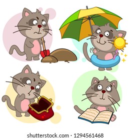 A set of funny icons with cats for children and design, the cat hides bones and buries, the cat in the heat under an umbrella on vacation, the poor looks into an empty wallet, reads a book.