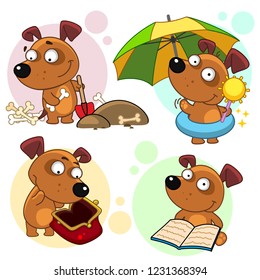 A set of funny icons with dogs for children and design, the dog hides bones and buries, the dog in the heat under an umbrella on vacation, the poor looks into an empty wallet, reads a book.