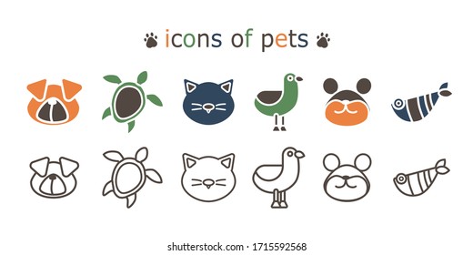 set of funny icons with pets. abstract animal silhouettes. linear style on a white background. modern abstract design