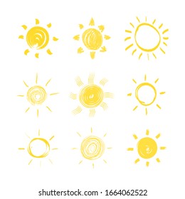 Set of funny icons sun doodle. Yellow sun in Flat design isolated on a white background. Modern simple flat sunlight sign. Vector illustration, EPS 10.