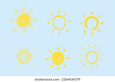 Set of funny icons sun doodle. Set of yellow suns in flat design isolated on background. Modern simple flat sunlight sign. Vector illustration, EPS 10.