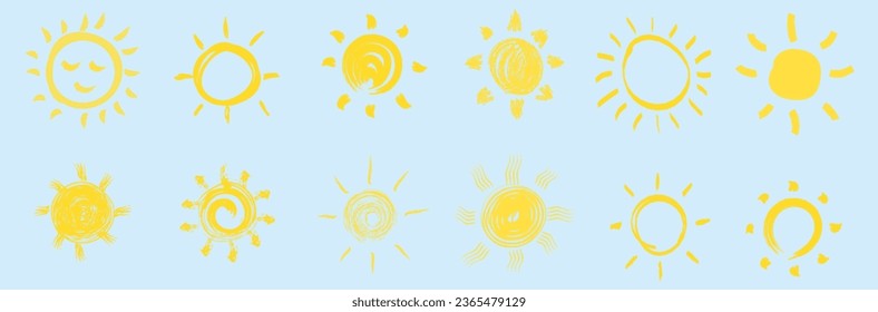 Set of funny icons sun doodle. Set of yellow suns in flat design isolated on background. Modern simple flat sunlight sign. Vector illustration, EPS 10.