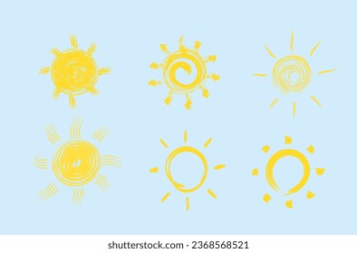 Set of funny icons sun doodle. Set of yellow suns in flat design isolated on background. Modern simple flat sunlight sign. Vector illustration, EPS 10.