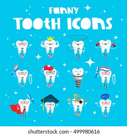 Set of funny icons of teeth. Vector illustration on a blue background. Concept of children's dentistry. Excellent dental card. Cute character. Caries prevention.