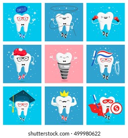 Set of funny icons of teeth. Vector illustration. Concept of children's dentistry. Excellent dental card. Cute character. Caries prevention.