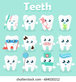 Set of funny icons of teeth. Vector illustration on a blue background. Concept of children s dentistry. Excellent dental card. Cute character. Caries prevention.
