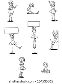 Set of funny icons for web. Young pretty woman in different poses. Vector monochrome./Icon elements with cartoon girl 
