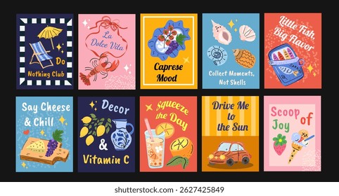 Set of funny illustrated postcards inspired by summer in Sicily. Includes quotes, seafood, lemons and retro summer vibes for posters or print.