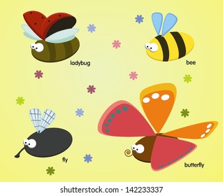 Set of funny insect - fly, ladybug, bee, butterfly (vector)