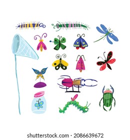 Set funny insects. Cartoon character. Isolated on white background. Wasp, bee, bumblebee, butterfly, worm, caterpillar, beetle, ladybug, grasshopper, fly, mosquito, dragonfly, spider, snail, ant