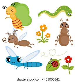 Set funny insects. Cartoon character. Isolated on white background.