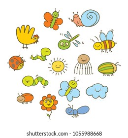 Set of funny insects in a children's style. Funny cartoon colorful character. Vector illustration. Isolated on white background