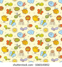Set of funny insects in a children's style. Seamless pattern for Baby. Background in pretty colors. Great for textiles, scrapbook, surface textures. Cartoon colorful character. Vector illustration