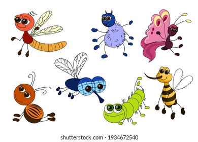 Set of funny insects isolated on white background. Cartoon characters striped, spider, butterfly, beetle, fly, caterpillar, bee. Flat design. Vector illustration.