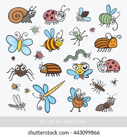 Set funny insects. Isolated on white background. Wasp, bee, bumblebee, worm, caterpillar, beetle, ladybug, grasshopper, fly, mosquito, dragonfly, spider, snail, ant,  Colorado