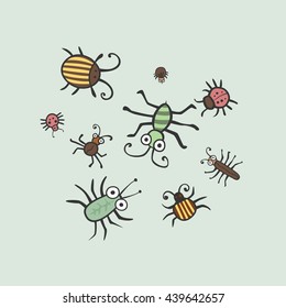 Set funny insects. Wasp, bee, bumblebee, butterfly, worm, caterpillar, beetle, ladybug, grasshopper, fly, mosquito, dragonfly, spider, snail, ant,  Colorado. flat