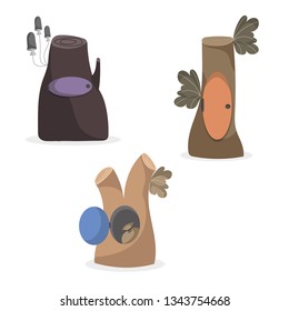 Set of funny isolated brown stumps with colourful doors, leaves, mushrooms and sacks inside. White background. Cartoon style illustration. Vector.