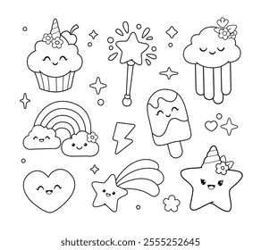 Conjunto de divertidos personajes Kawaii Baby Unicorn cupcake, helado, estrella feliz, varita mágica, nube del arco iris - dibujos animados Сpágina para colorear Plantilla de Vector