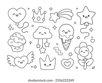Set of funny Kawaii characters Baby cupcake, ice cream, happy star, magic, princess crown, star balloon - cartoon Сoloring page vector template