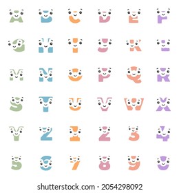 Conjunto de graciosos caracteres kawaii en forma de letras y números, imagen de clip vectorial.