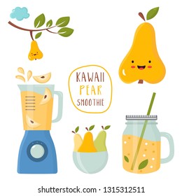 Set of funny kawaii pear with a blender smoothie ,bowls and mason bank with straw.Vector illustration
