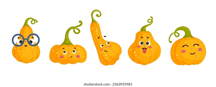 Set of funny kawaii pumpkin characters. Vector graphics.