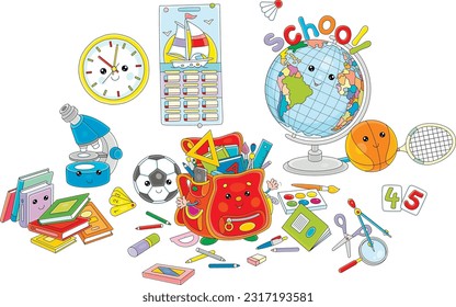 Set of funny Kawaii school objects with a schoolbag, globe, clock, balls, books and other classroom supplies, vector cartoon illustration on a white background