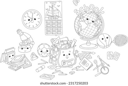 Set of funny Kawaii school objects with a schoolbag, globe, clock, balls, books and other classroom supplies, black and white outline vector cartoon illustrations