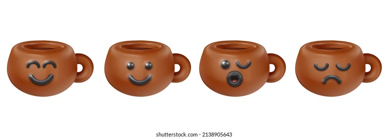 Set funny kawaii style hot coffee or tea cup with different emotion. Realistic cute cartoon character. Trendy 3d vector illustration. Collection simple creative design element. Food concept art.