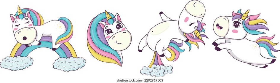 Set of funny kawaii unicorns in anime style for kids product design