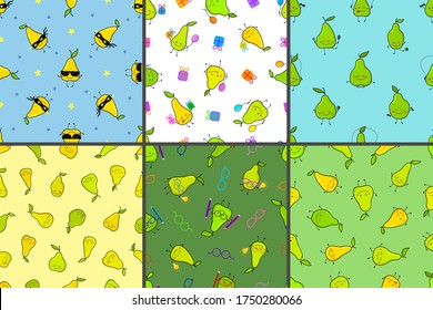 Set of funny kawaii yellow and green pears pattern. Seamless vector baby illustration. A collection of smiling fruits. For fabric, textile, decorative wrapping paper.