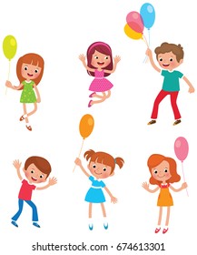 Set of funny kids with balloons vector cartoon illustration