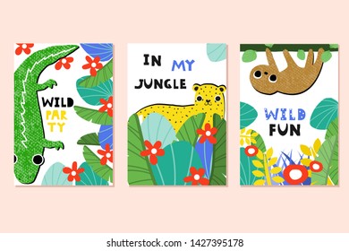 Set of funny kids cards or invitations for party. Cute wild animals in the jungle. Vector hand drawn illustration.