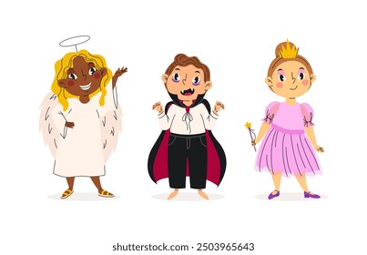 Set of funny kids in halloween costumes. Vector illustration. Happy and cute carnival children. Angel, vampire and princess. Characters design. For stickers, kids design, holiday banners