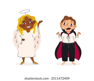 Conjunto de crianças engraçadas em trajes de halloween. Ilustração vetorial. Crianças carnavalescas felizes e fofas. Anjo e vampiro e princesa. Desenho de personagens. Para adesivos, design infantil, banners de férias