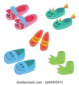 Juego de divertidas pantuflas de pijama para niños. Fiesta Pajama. Ilustración editable del vector