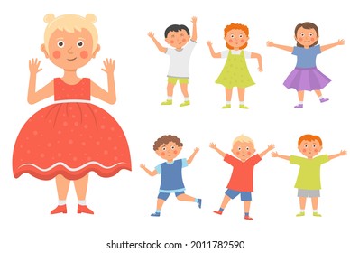 Set of funny kids playing outdoors. Boys and girls are playing together happily jump isolated on white background. The concept is fun and vibrant moments of childhood. Vector illustration.