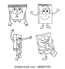 Set of funny and kind doodle books. Characters smile, dance, laugh and wonder. Vector line art illustration.