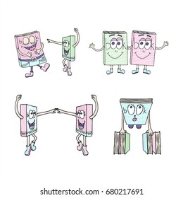 Set of funny and kind doodle books. Characters smile, dance, laugh and wonder. Vector line art illustration.