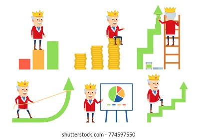 Set of funny king characters posing with various charts. Old king standing on growth diagram, pointing to whiteboard and showing other actions. Flat style vector illustration