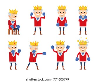 Set of funny king characters posing with boxing gloves. Old king hitting, dazed, tired, celebrating and showing other actions. Flat style vector illustration
