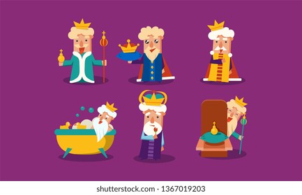 Set of funny king with different emotions. Old man with golden crown. Flat vector for postcard or children book