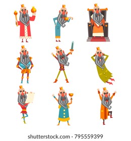 Set of funny king in various clothes. Cartoon character of old bearded man wearing gold crown. Ruler of kingdom. Flat vector design for postcard or children s book