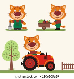 Set of funny kitten cat farmer with shovel, with wheelbarrow with vegetables, in farm tractor. Collection of kitten cat is working on the farm.