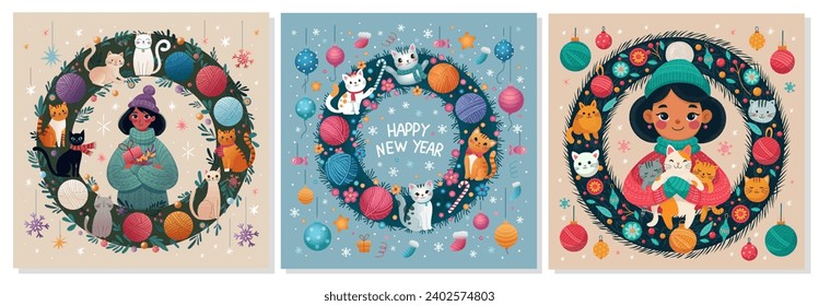 Set Funny kitten in a Christmas wreath with balls and bows. Vector illustration. New Year's and Christmas. Beautiful cat.