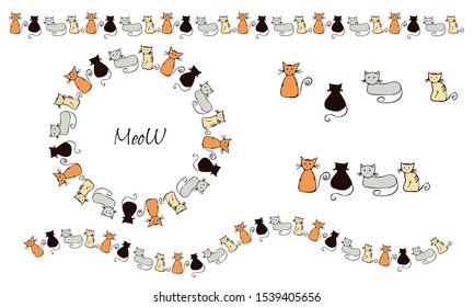 Set of funny kittens. Red, gray, brown cats on a white background. Wreath. Brush. Textile. Hand drawing style. Children's style. Stock vector illustration.