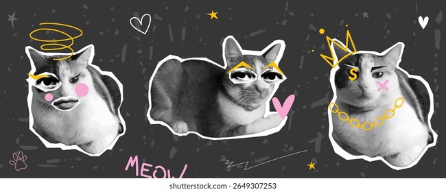  Set of funny kitty characters in halftone texture, dotted pop style with doodle elements. Cute cats in different poses for collage, sticker. Royal, thinking cats and cat in live. Grunge punk crazy